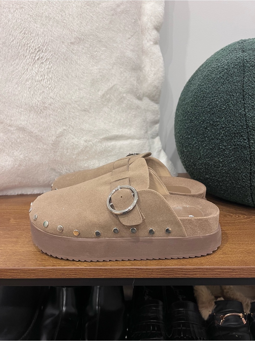 Suede Platform Mule Clogs in Taupe with Stud Detail